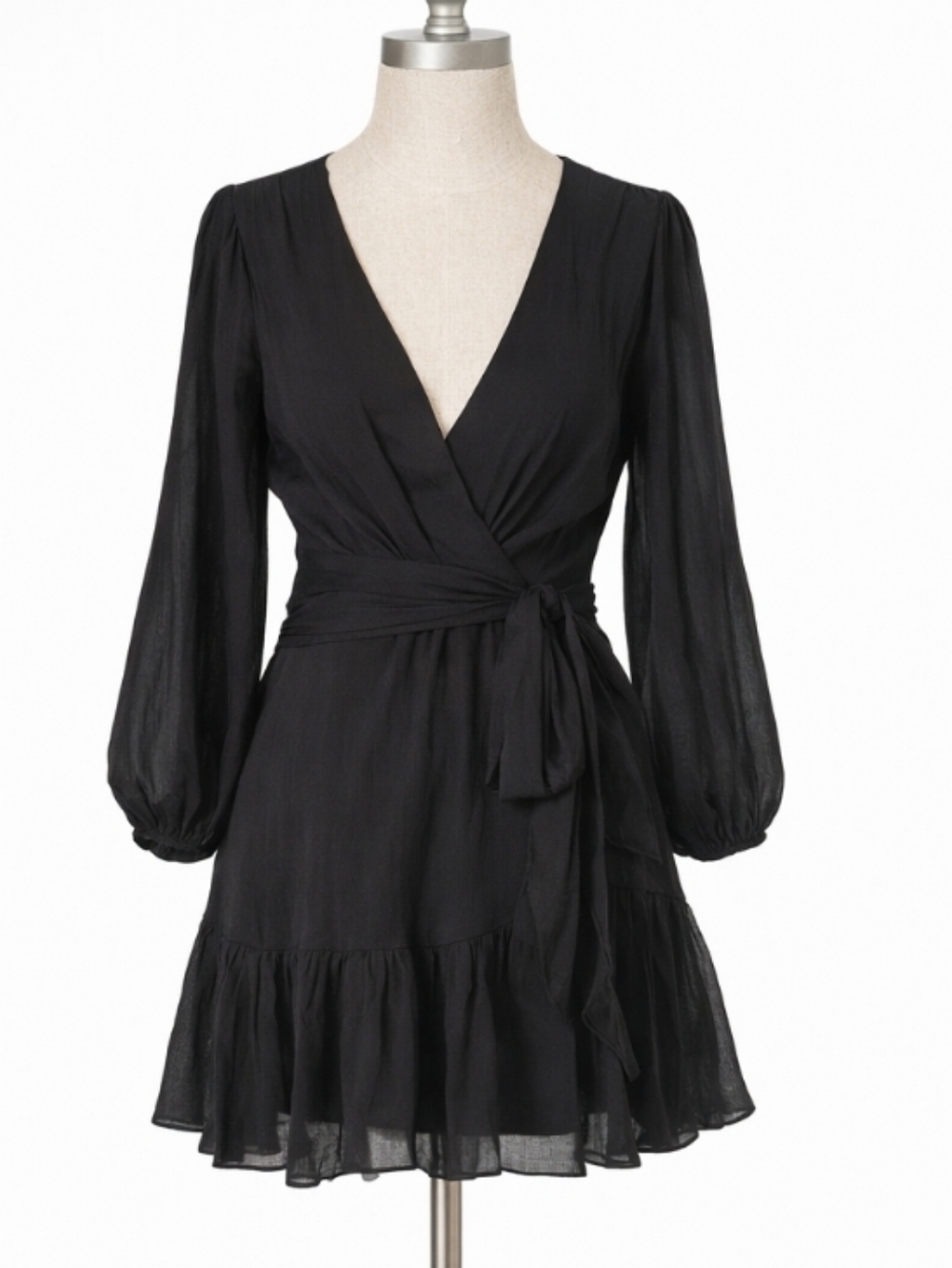 ZARA Black Surplice Drop Waist Dress Fit Flare Fluffy LBD Balloon Sleeve